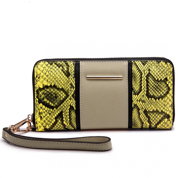 Miss Lulu Snake Print Panel Long Purse Khaki