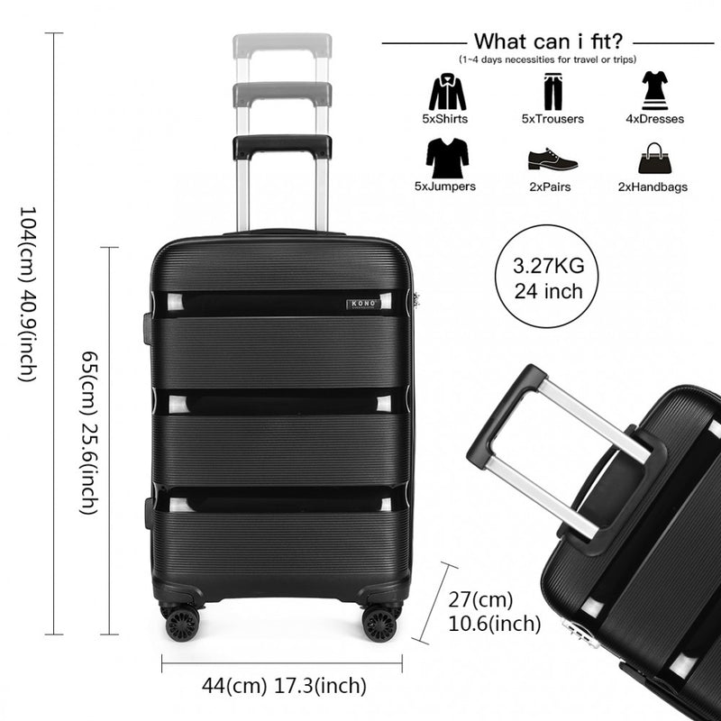 Kono 24 Inch Bright Hard Shell PP Suitcase - Classic Collection - Black