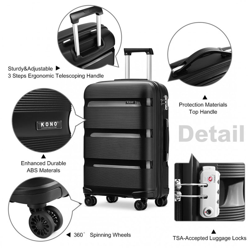 Kono 24 Inch Bright Hard Shell PP Suitcase - Classic Collection - Black