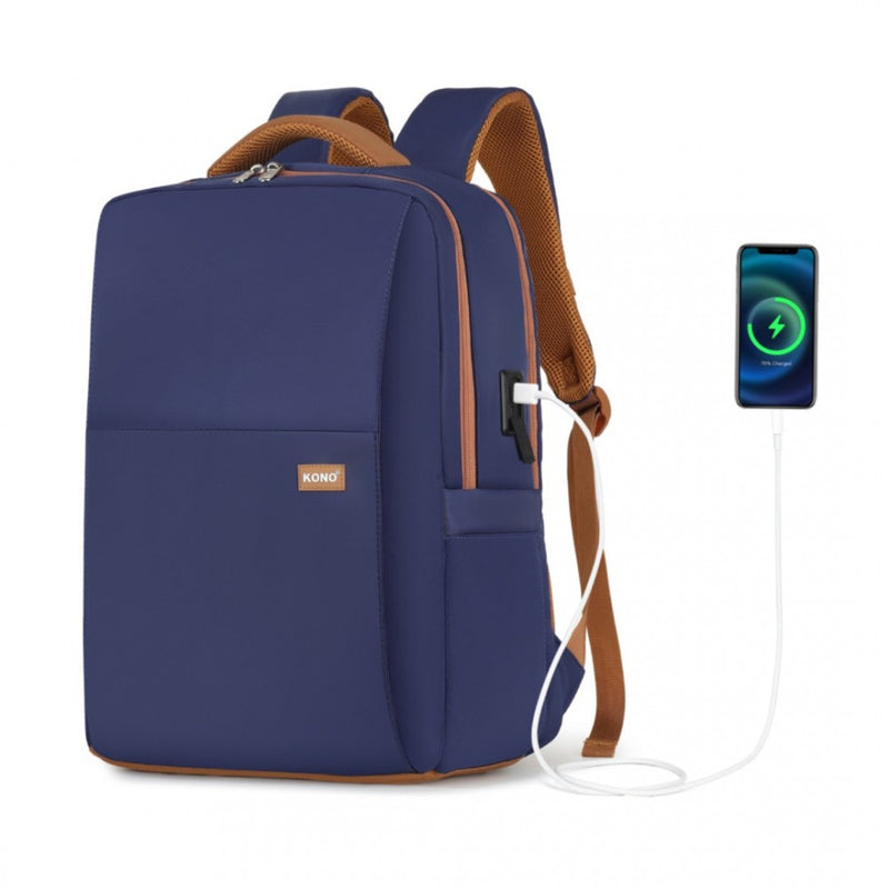 Water-Resistant Laptop Backpack with USB Set Navy Brown