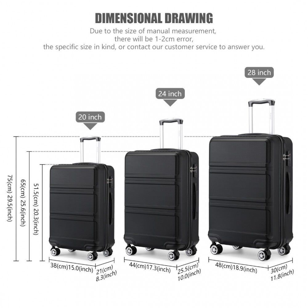 bag  K1871-1L - Kono ABS Sculpted Horizontal Design 3 Piece Suitcase Set - Black Moda Bags Moda Bags