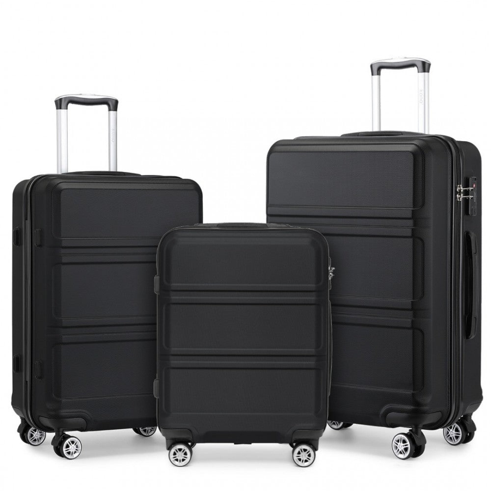 bag  K1871-1L - Kono ABS Sculpted Horizontal Design 3 Piece Suitcase Set - Black Moda Bags Moda Bags
