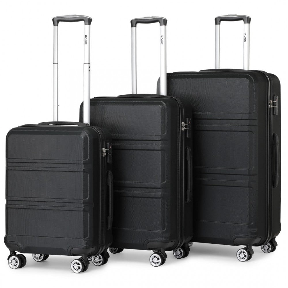 bag  K1871-1L - Kono ABS Sculpted Horizontal Design 3 Piece Suitcase Set - Black Moda Bags Moda Bags