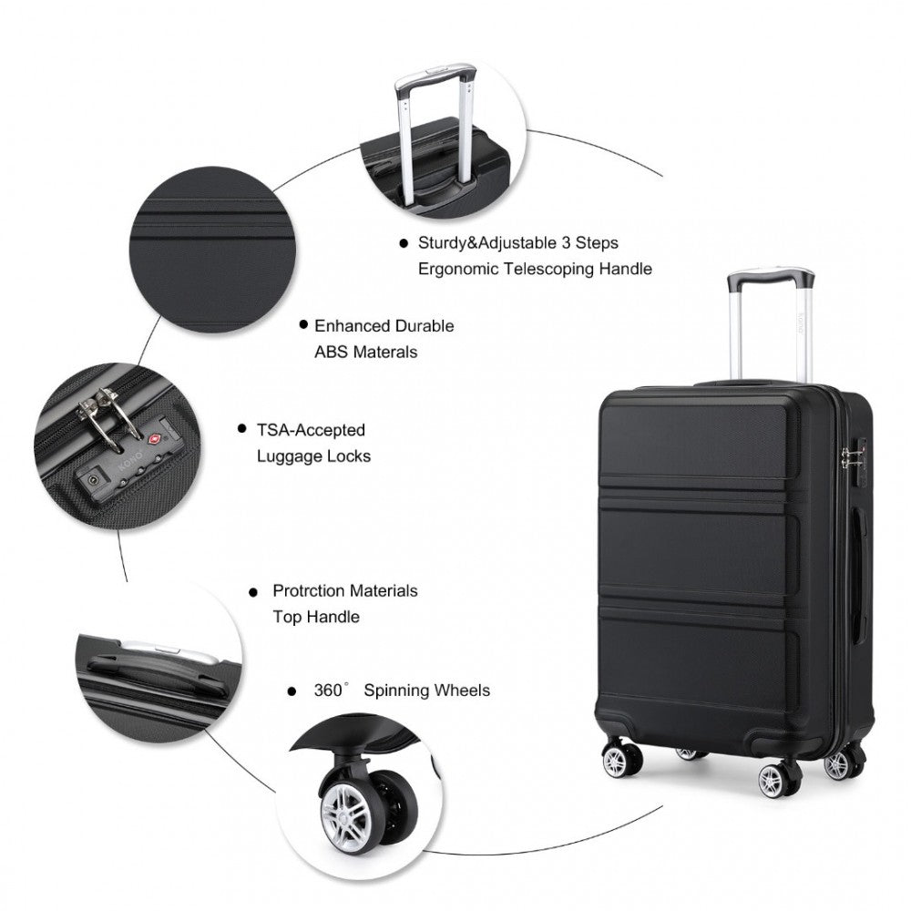 bag  K1871-1L - Kono ABS Sculpted Horizontal Design 3 Piece Suitcase Set - Black Moda Bags Moda Bags