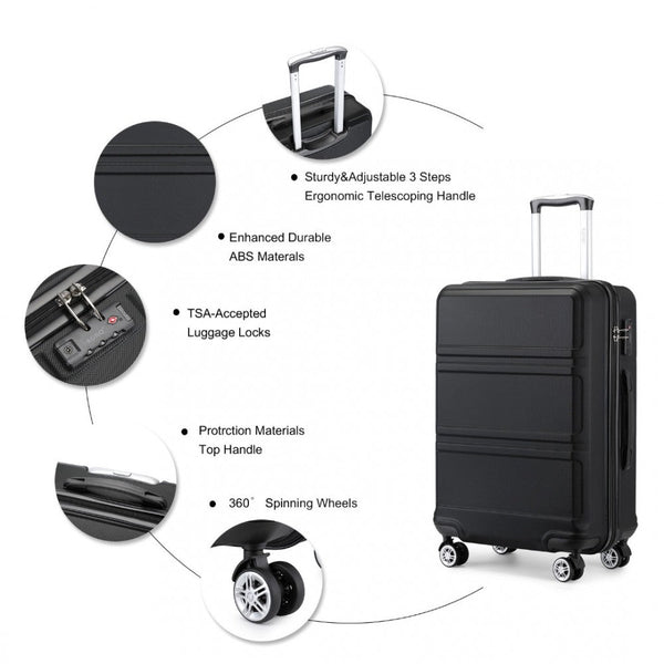 bag  K1871-1L - Kono ABS Sculpted Horizontal Design 3 Piece Suitcase Set - Black Moda Bags Moda Bags