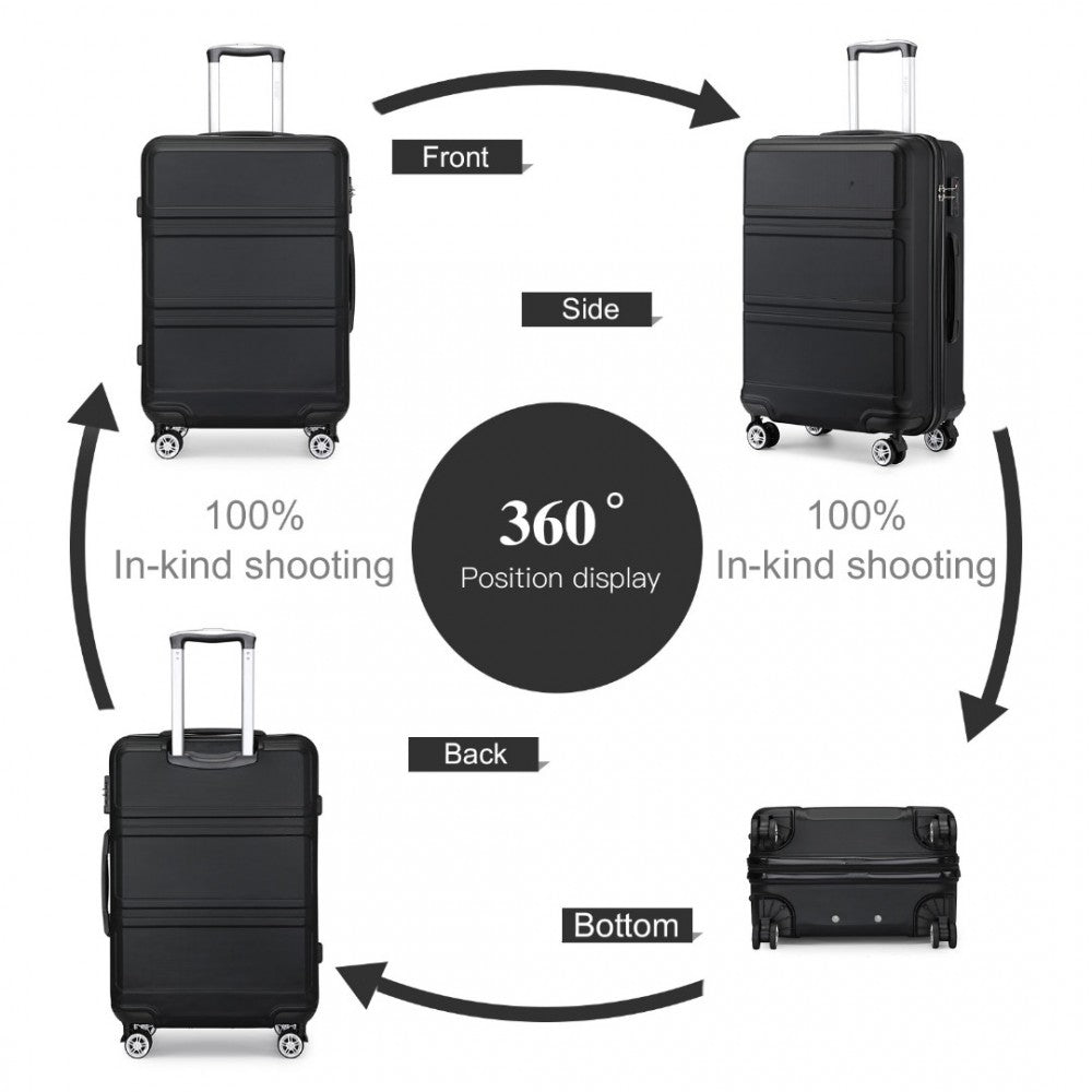 bag  K1871-1L - Kono ABS Sculpted Horizontal Design 3 Piece Suitcase Set - Black Moda Bags Moda Bags