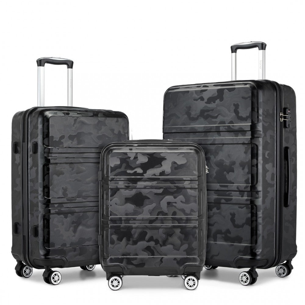 bag  K1871-1L - Kono ABS Sculpted Horizontal Design 3 Piece Suitcase Set - Black Moda Bags Moda Bags