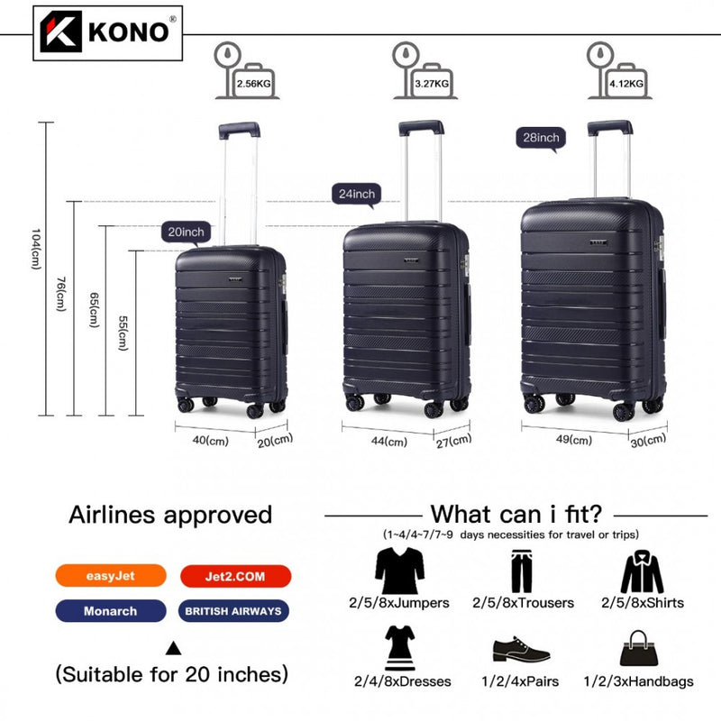 Kono Multi Texture Hard Shell PP Suitcase 3 Pieces Set - Classic Collection - Navy