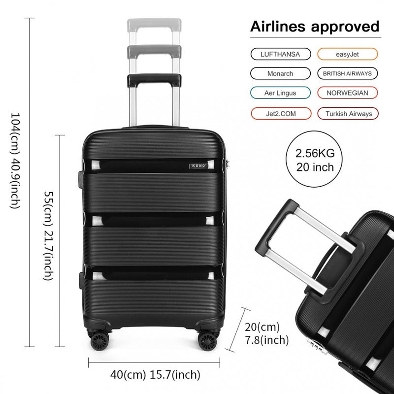 Kono 20 Inch Bright Hard Shell PP Carry-On Suitcase In Cabin Size - Black