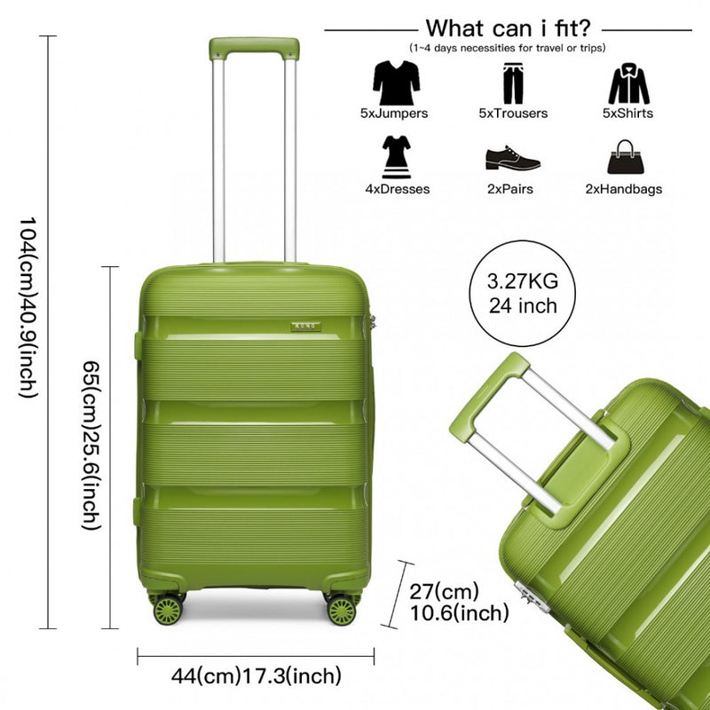 Kono 24 Inch Bright Hard Shell PP Suitcase - Classic Collection - Green