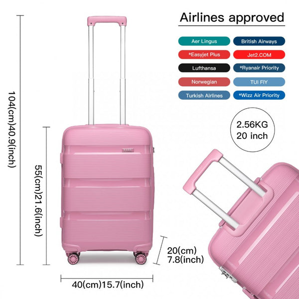 Kono 20 Inch Bright Hard Shell PP Carry-On Suitcase In Cabin Size - Pink