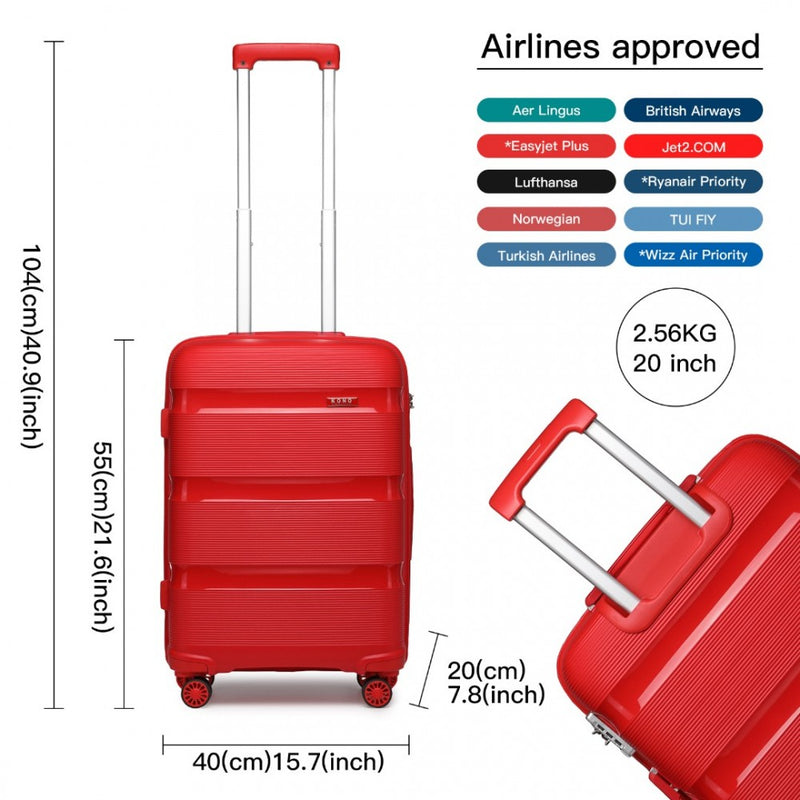 Kono 20 Inch Bright Hard Shell PP Carry-On Suitcase In Cabin Size - Red