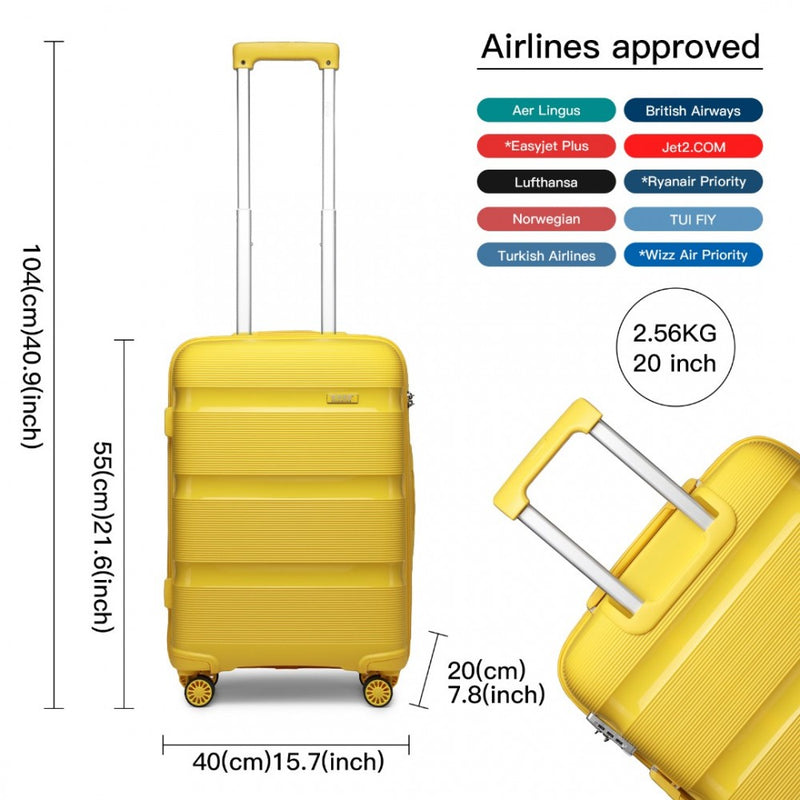 Kono 20 Inch Bright Hard Shell PP Carry-On Suitcase In Cabin Size - Yellow