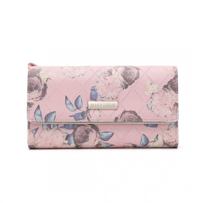 LP2353F - Miss Lulu Ladies' Flower Printed PU Leather Long Purse - Pink